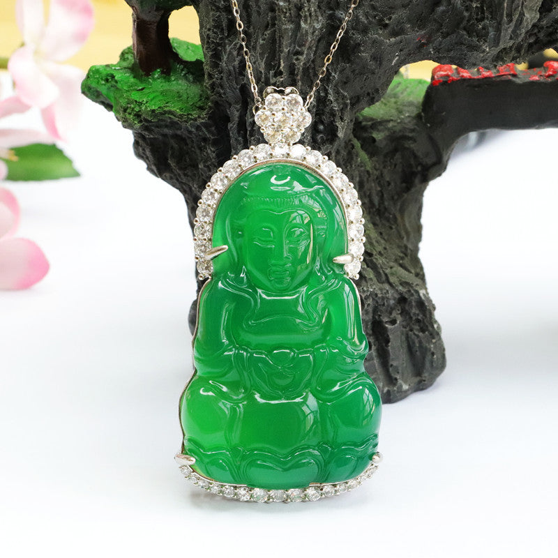 Green Chalcedony Guanyin Pendant Zircon Necklace Jewelry