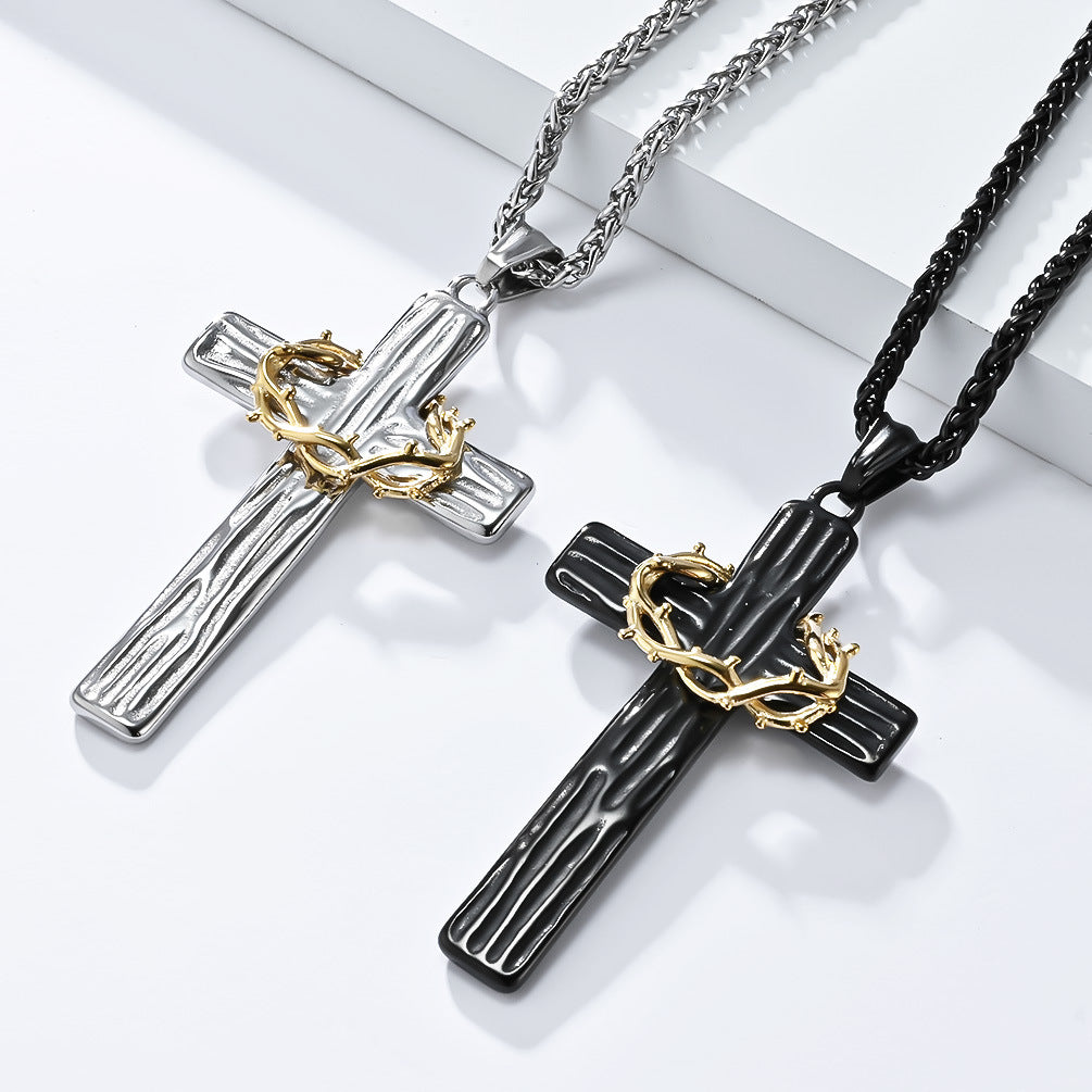 Planderful Cross Necklace For Men Titanium Steel Durable Thorn Wreath Pendant American Retro Style High End Gift