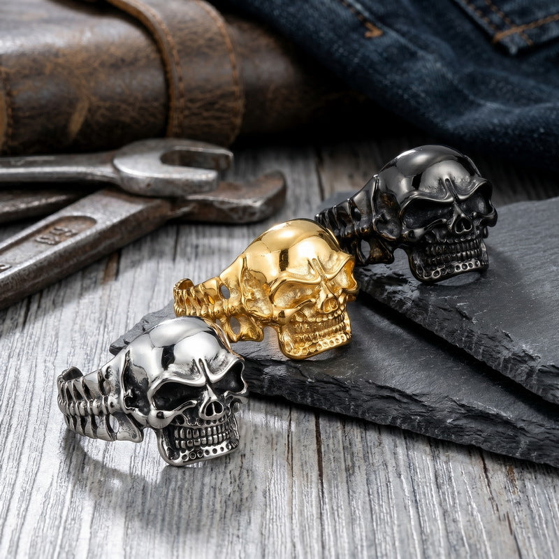 Punk Casting Three-Dimensional Skull Joint Titanium Steel Opening Bracelet Men's Dark