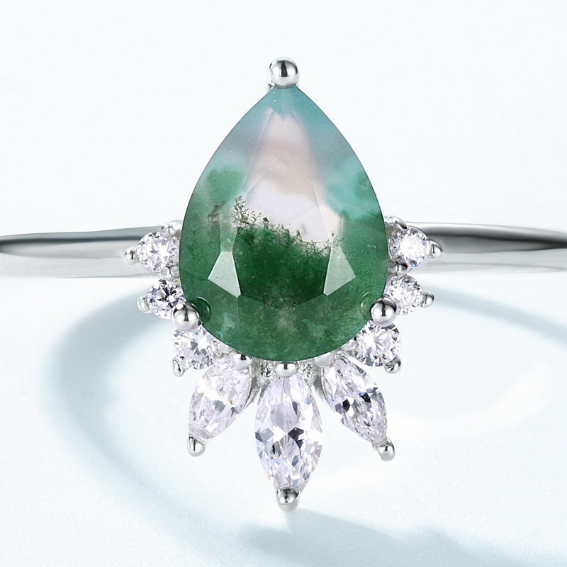 S925 Sterling Silver Moss Agate Teardrop Ring