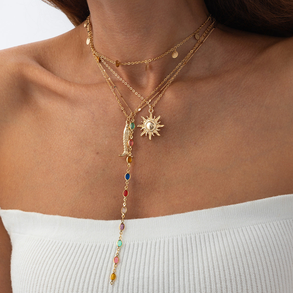 Coastal Fish, Crystal & Sun Layered Necklace