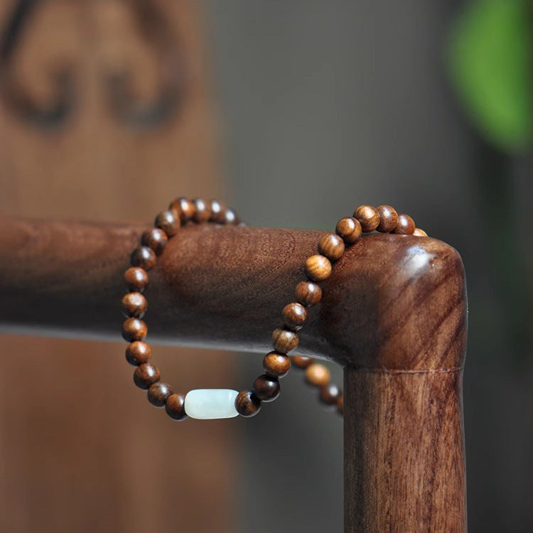Ancient Jade and Sandalwood Couple Bracelet with Flower Pear Wood Beads