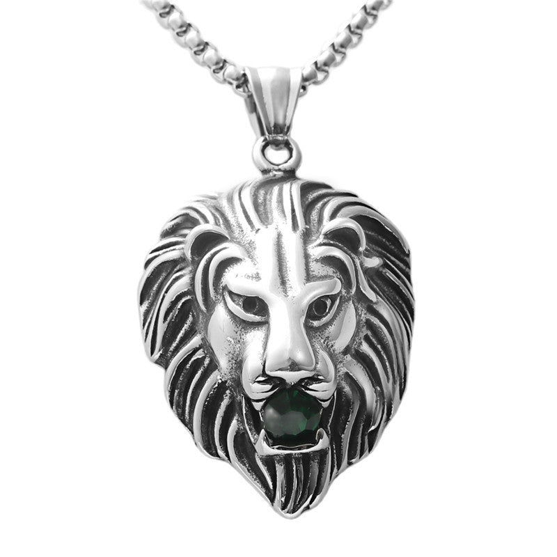 Punk-Inspired Multi-Colored Stone Lion Pendant Necklace for Men in Titanium Steel