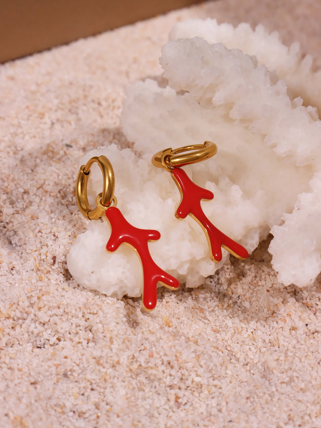 Planderful Red Coral Bead Oil Drop Earrings 18K Gold Women