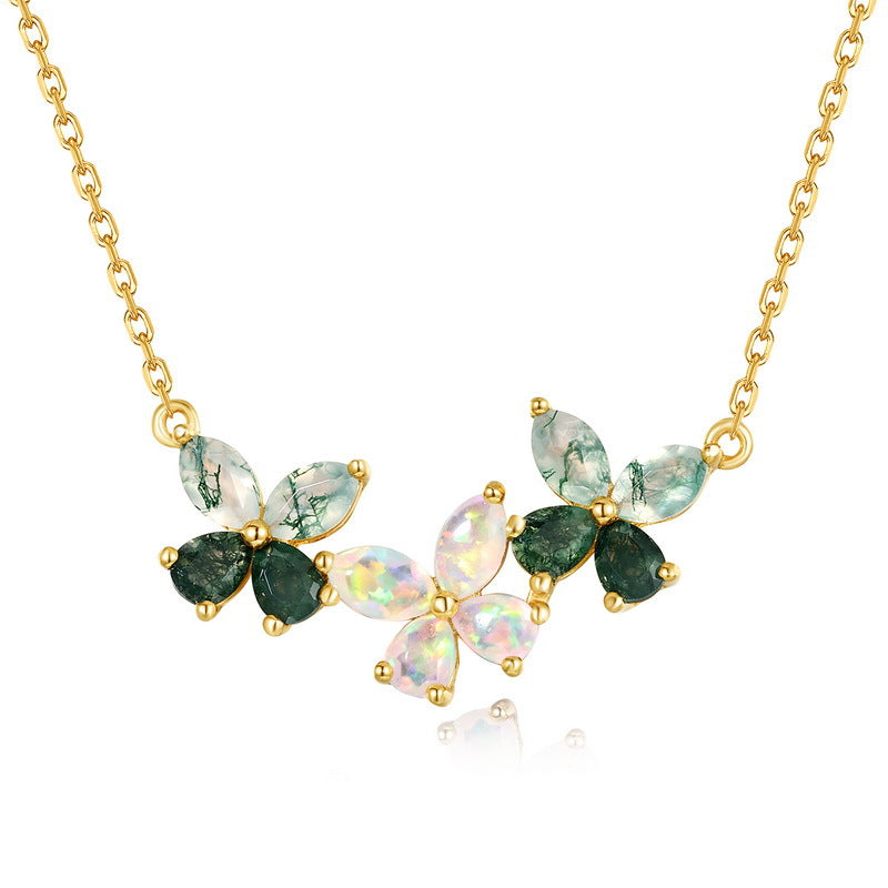 S925 Sterling Silver Gold-Plated Moss Agate Petal Pendant Necklace