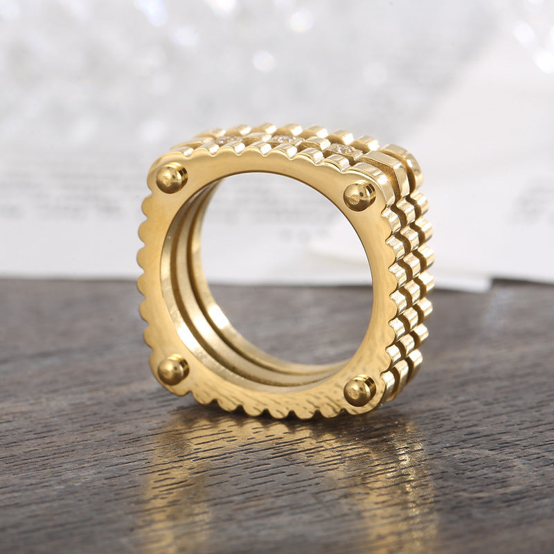 Planderful Mechanical Hip Hop Ring Zircon Gear Mens Ring