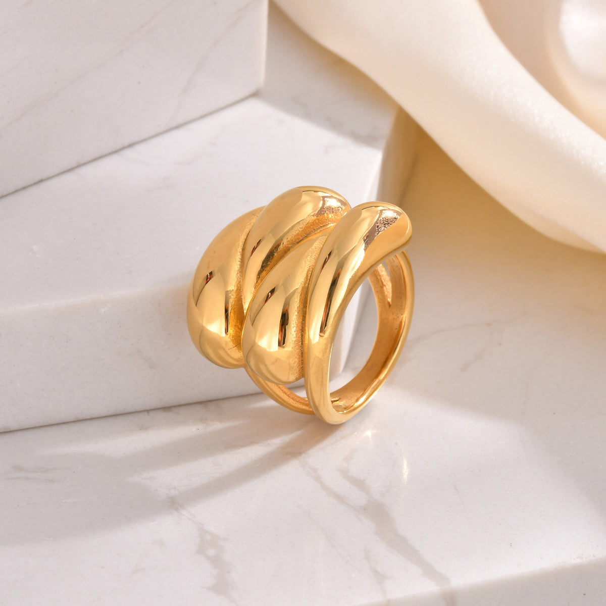 Ring Stainless Steel Smooth Water Drop Multi-Layer Gold