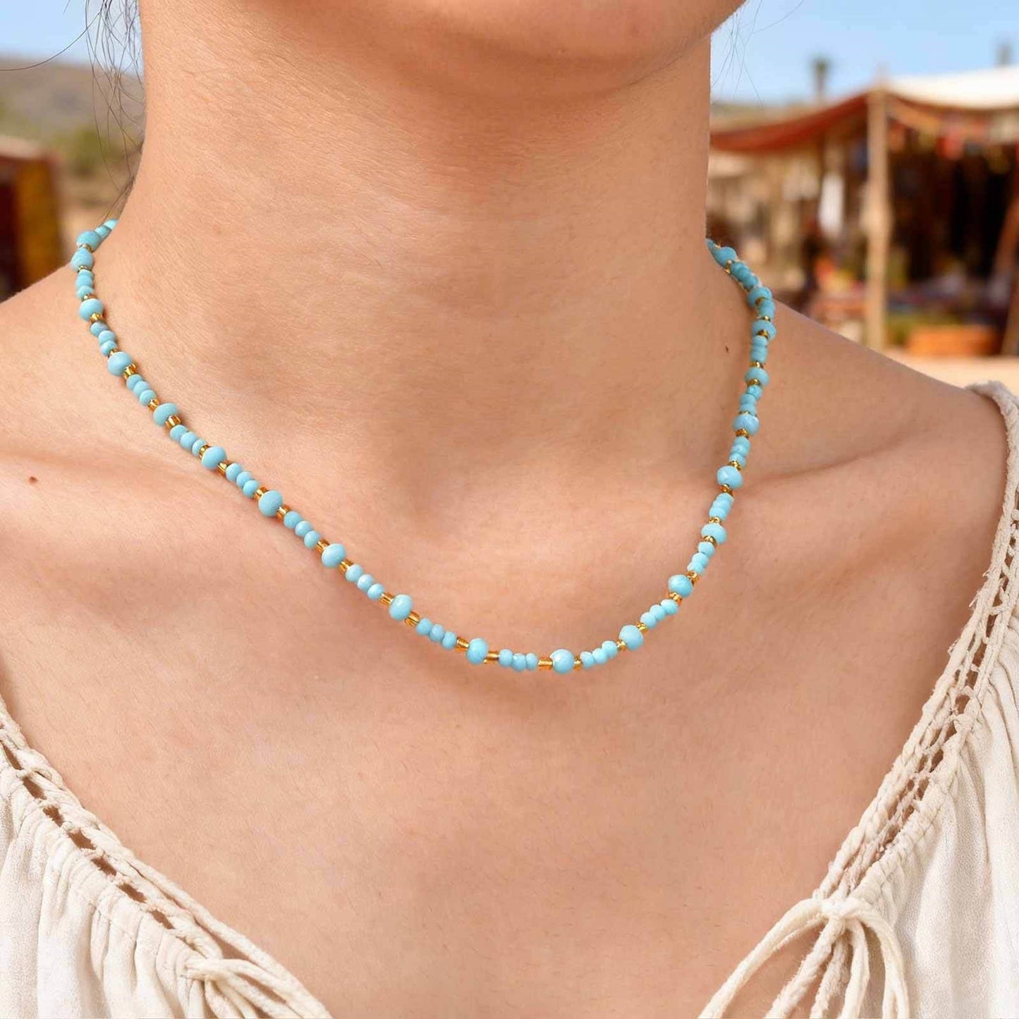Stainless Steel Blue Rice Bead Gold Bead Necklace Neck Chain Beaded Summer Vacation