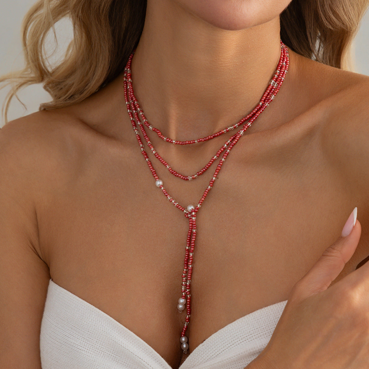 Long Winding Y-Shaped Fringed Pearl Necklace Holiday Style Red Rice Beads Beaded