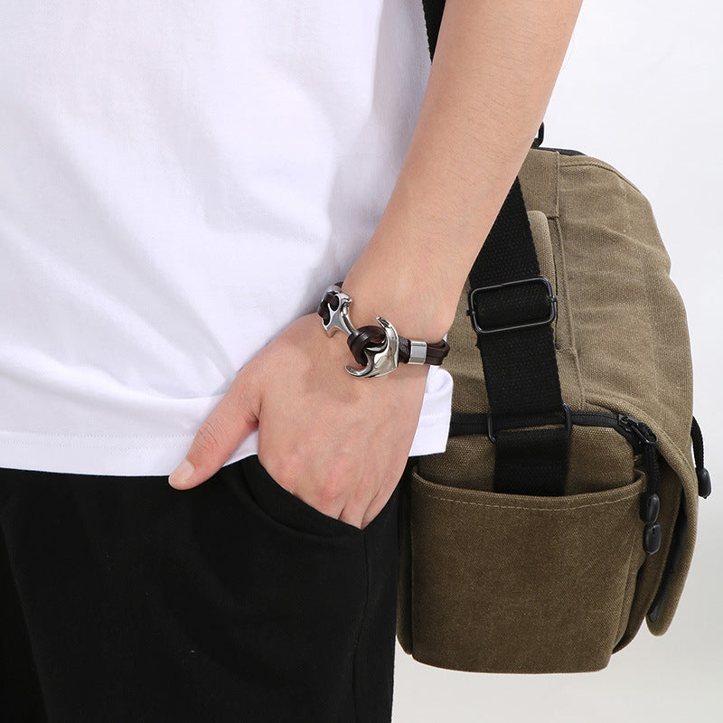 Planderful Men Pirate Durable Steel Cowhide Anchor Bracelet