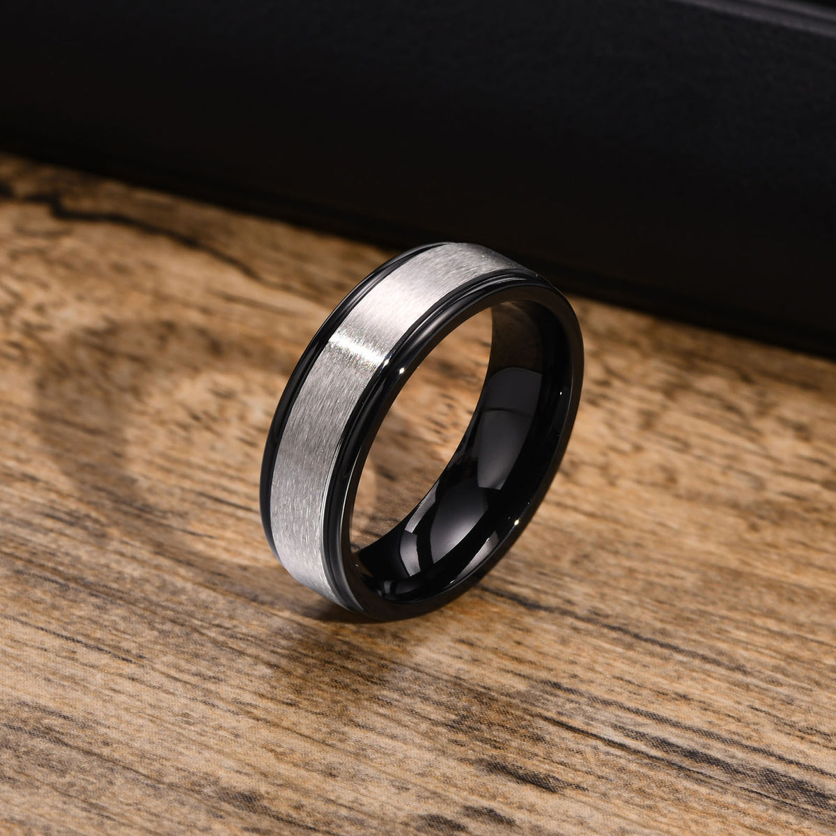 Stainless Steel Surface Sand Inner Light Groove Ring Electric Black Brushed Ring