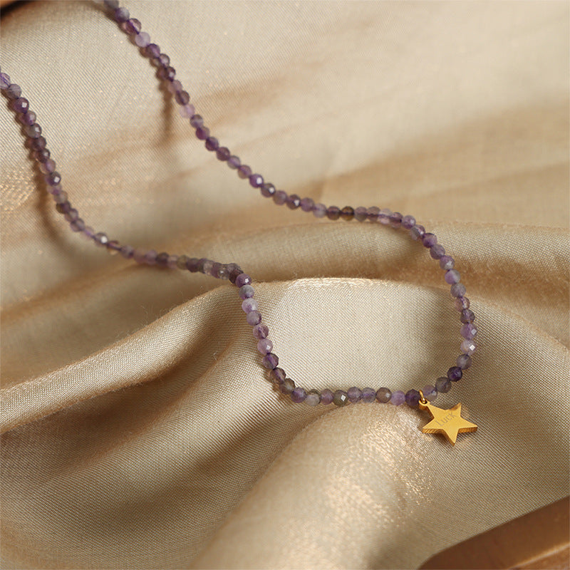 Golden Star Pendant Necklace with Tianhe Stone Beads - Handcrafted Titanium Steel Jewelry