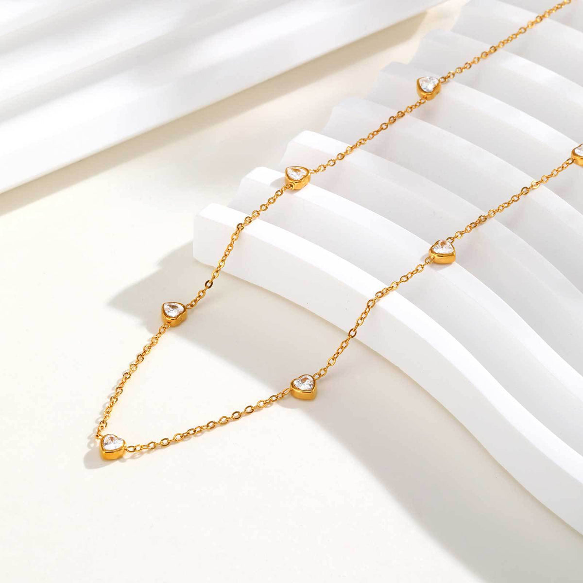 Stainless Steel Heart-Shaped White Zircon Flat Cross Chain Cold Wind Necklace Gold