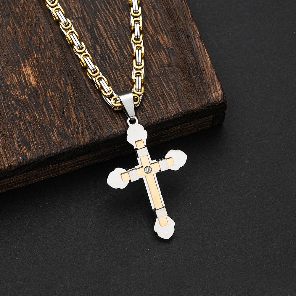Planderful Mens Stainless Steel Cross Necklace With Double Layer Zircon Pendant For Men Punk Style