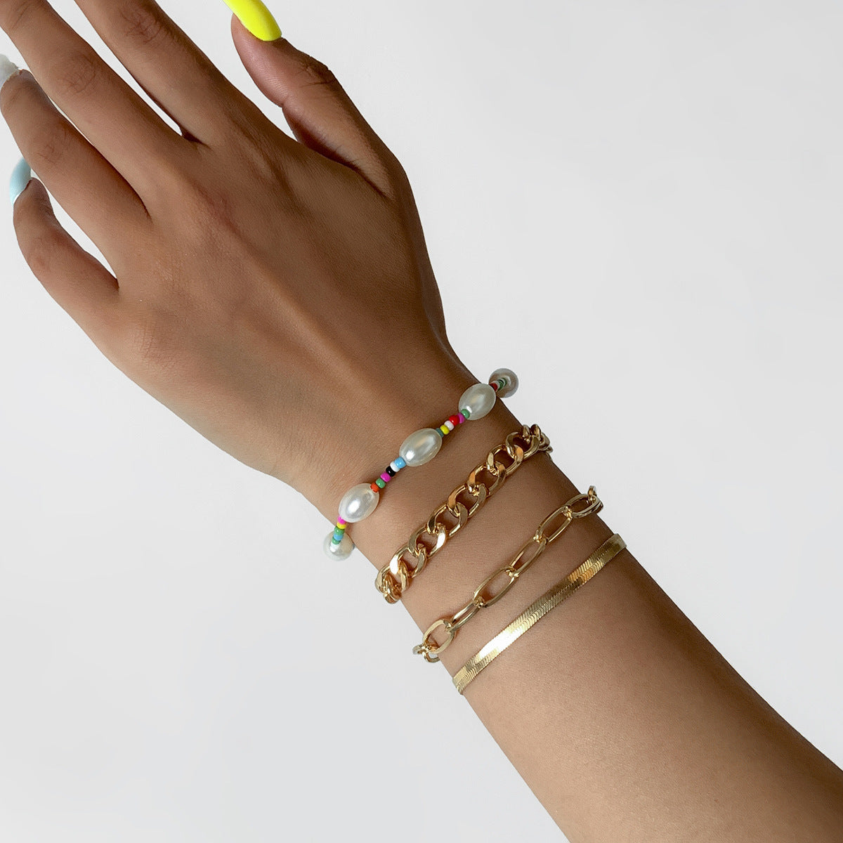 Planderful Elastic Pearl Bracelet With Imitation Beads Cross Chain Detail Edgy Punk Style For Women