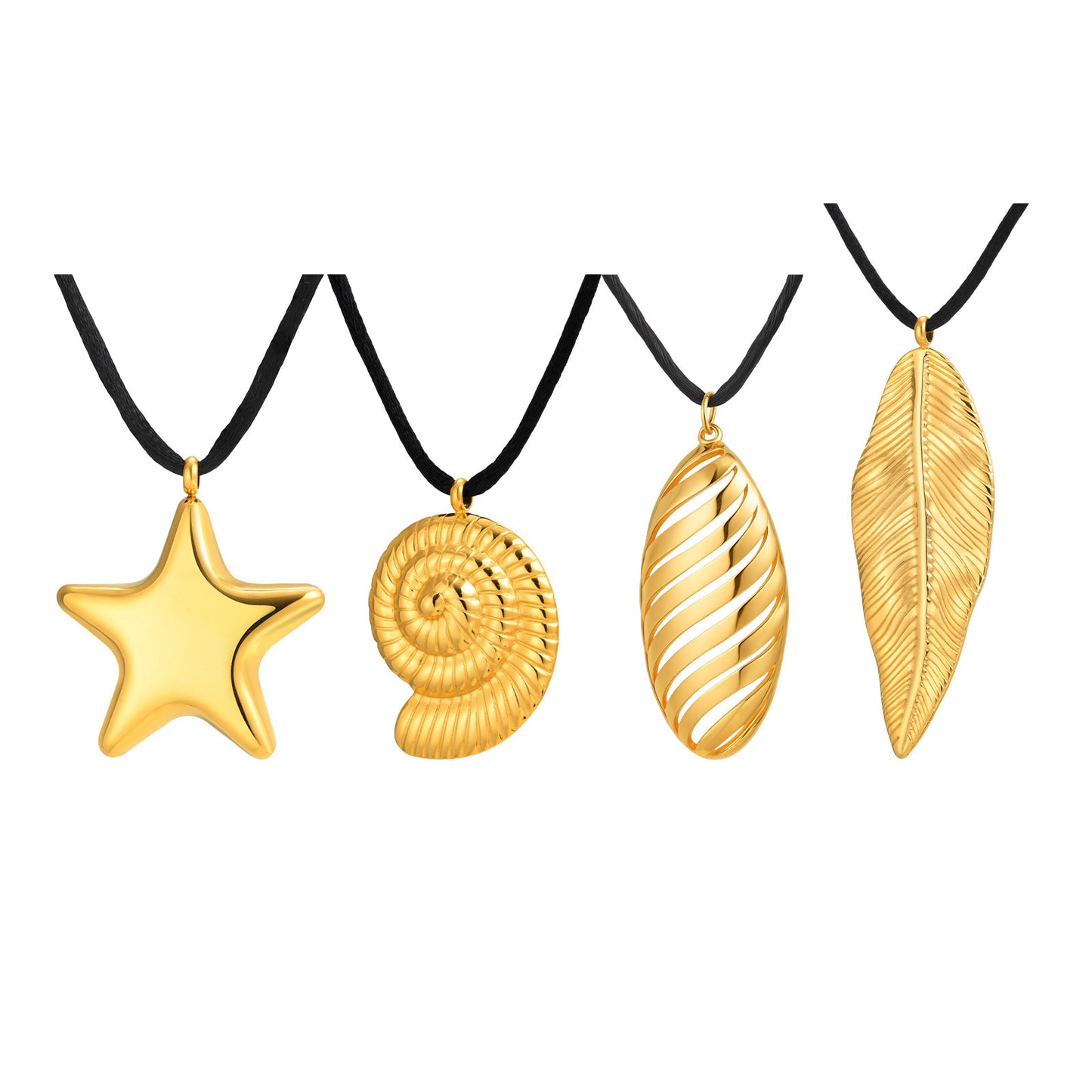 Titanium Steel – Stainless Steel Geometric Oval Pentagram Conch Leaf Pendant Necklace Gold