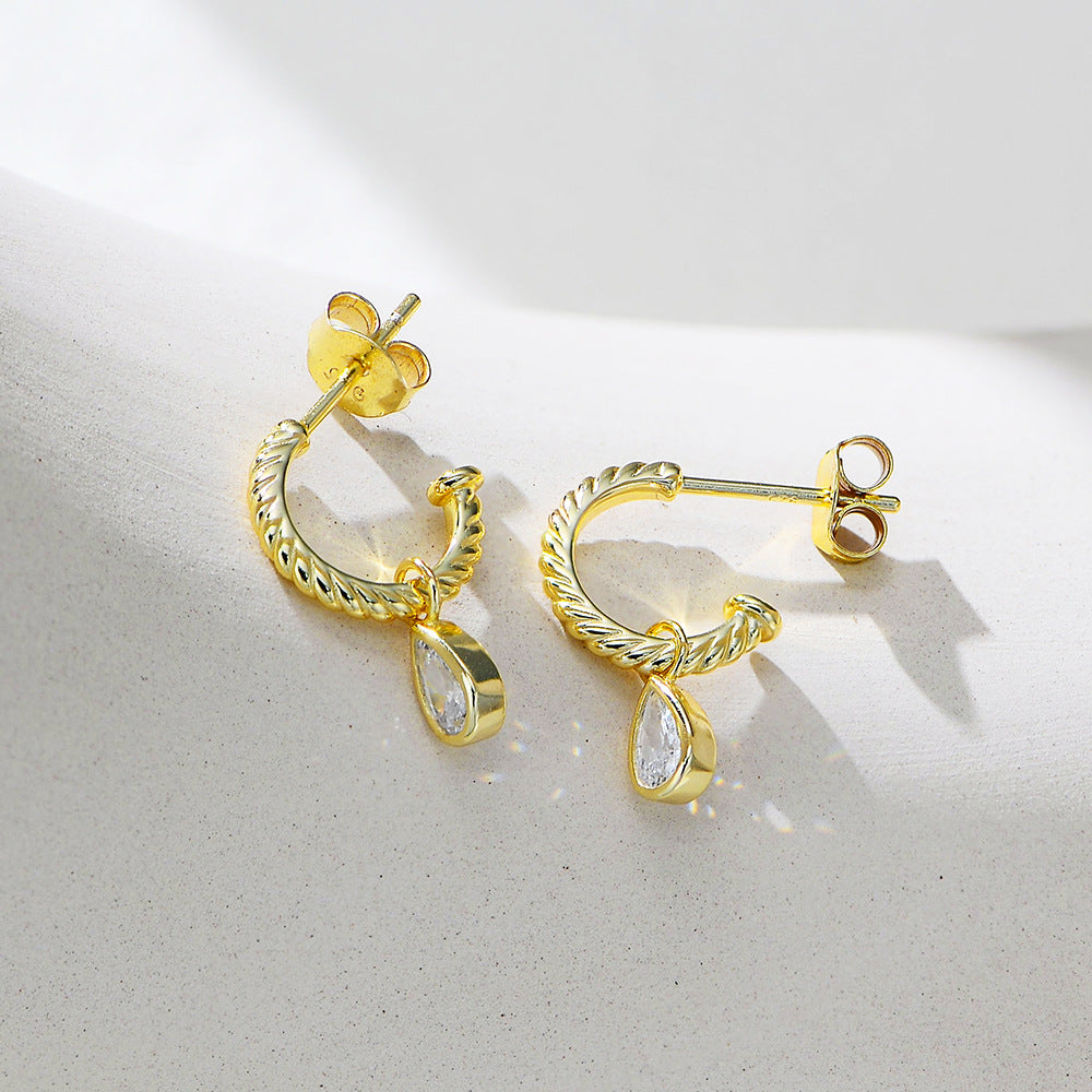 Planderful S925 Sterling Silver C Shaped Drop Earrings With Zircon Sparkle For Women