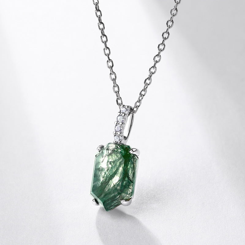 S925 Sterling Silver Moss Agate Geometric Pendant Necklace