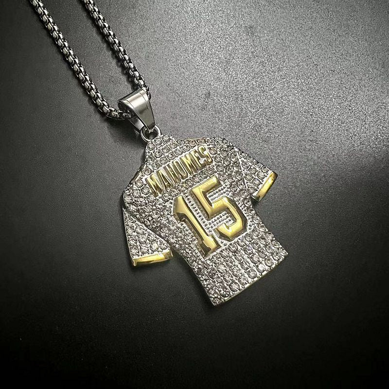Planderful Premium Hip Hop Necklace Titanium Steel Gold Plated Zircon NFL Jersey Pendant No 15 for Fans