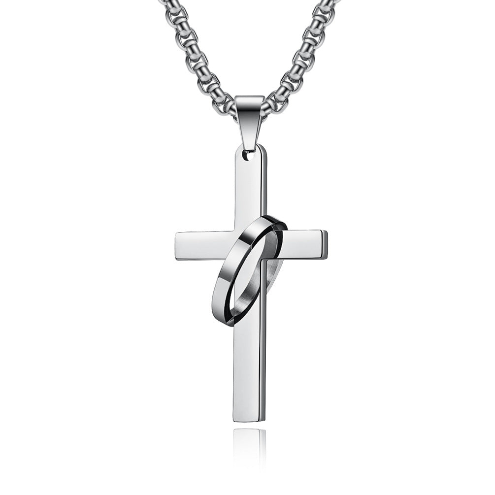 Planderful Titanium Steel Cross Necklace For Men Trendy Hip Hop Pendant With Glossy Ring Personalized Jewelry