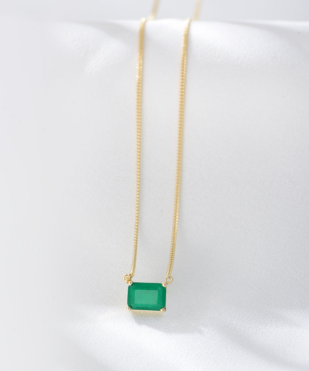 S925 Sterling Silver Square Emerald Colored Gemstone Necklace Sense Single Zircon Necklace