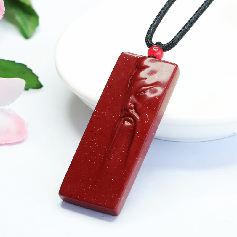 Purple Gold Sand Cinnabar Guanyu Rectangle Pendant with Sterling Silver