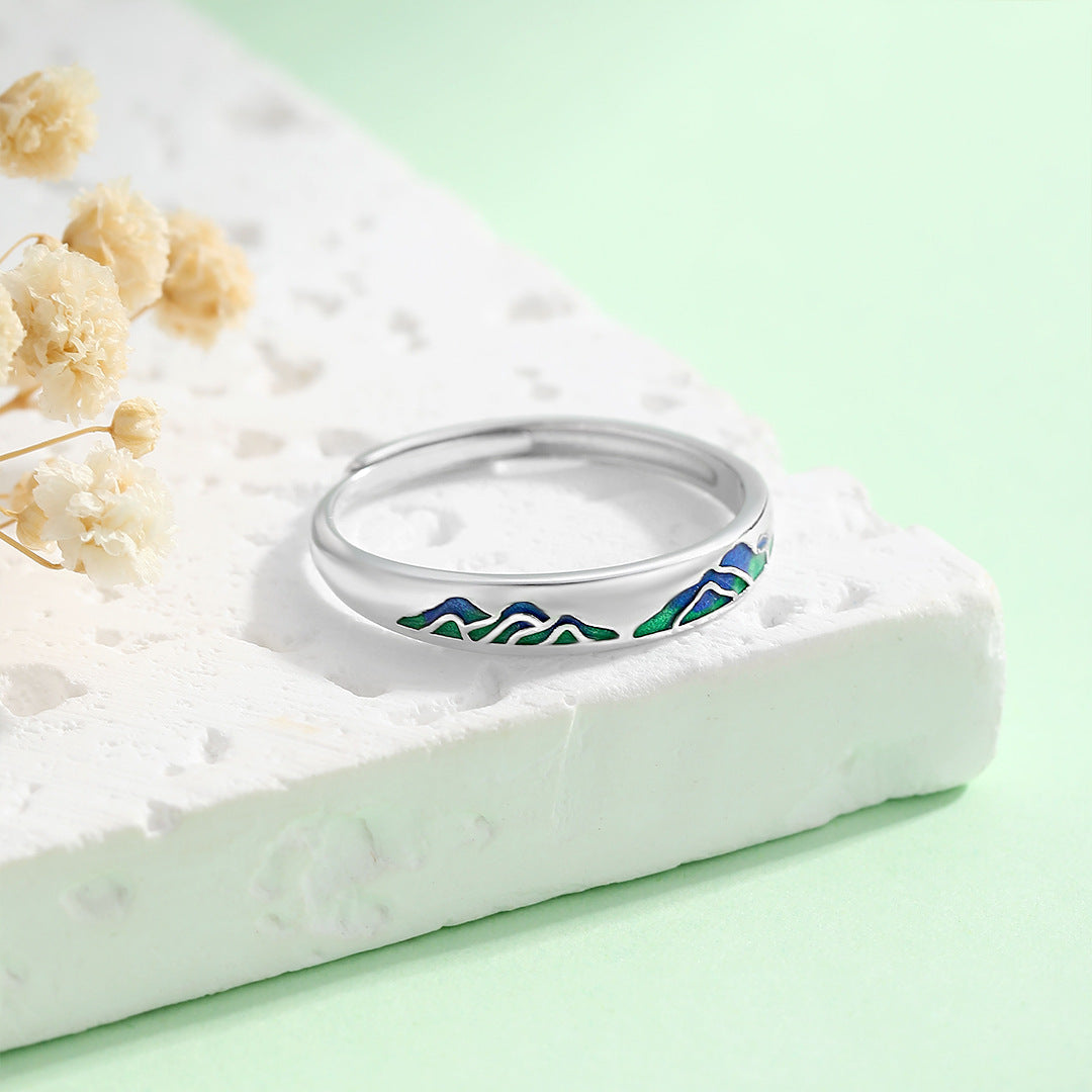 Planderful S925 Sterling Silver Ring For Women Adjustable Retro National Style Light Luxury Green Mountain Theme