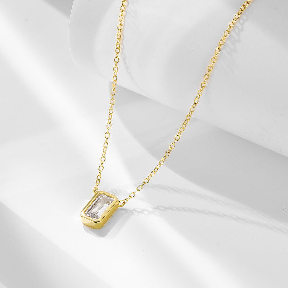 925 Sterling Silver Geometric Rectangular Zircon Pendant Necklace