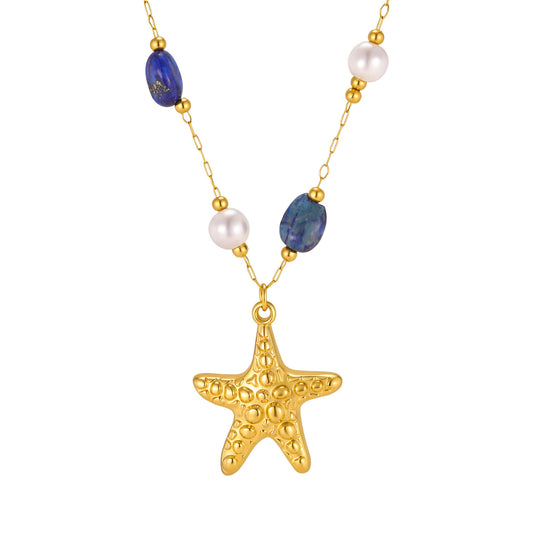 Stainless Steel Lapis Lazuli Imitation Pearl Polka Dot Starfish Low-Key Necklace