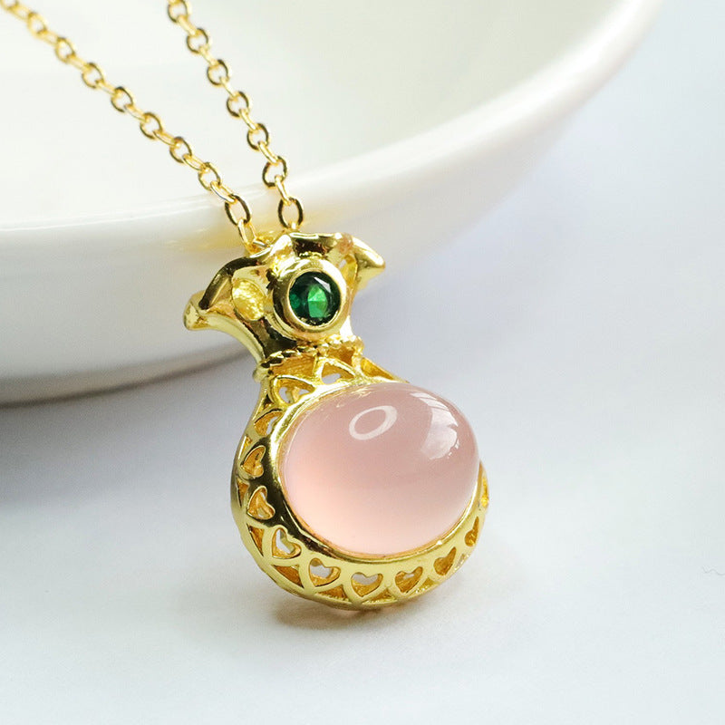 Pink Chalcedony Money Bag Necklace with Oval Pendant