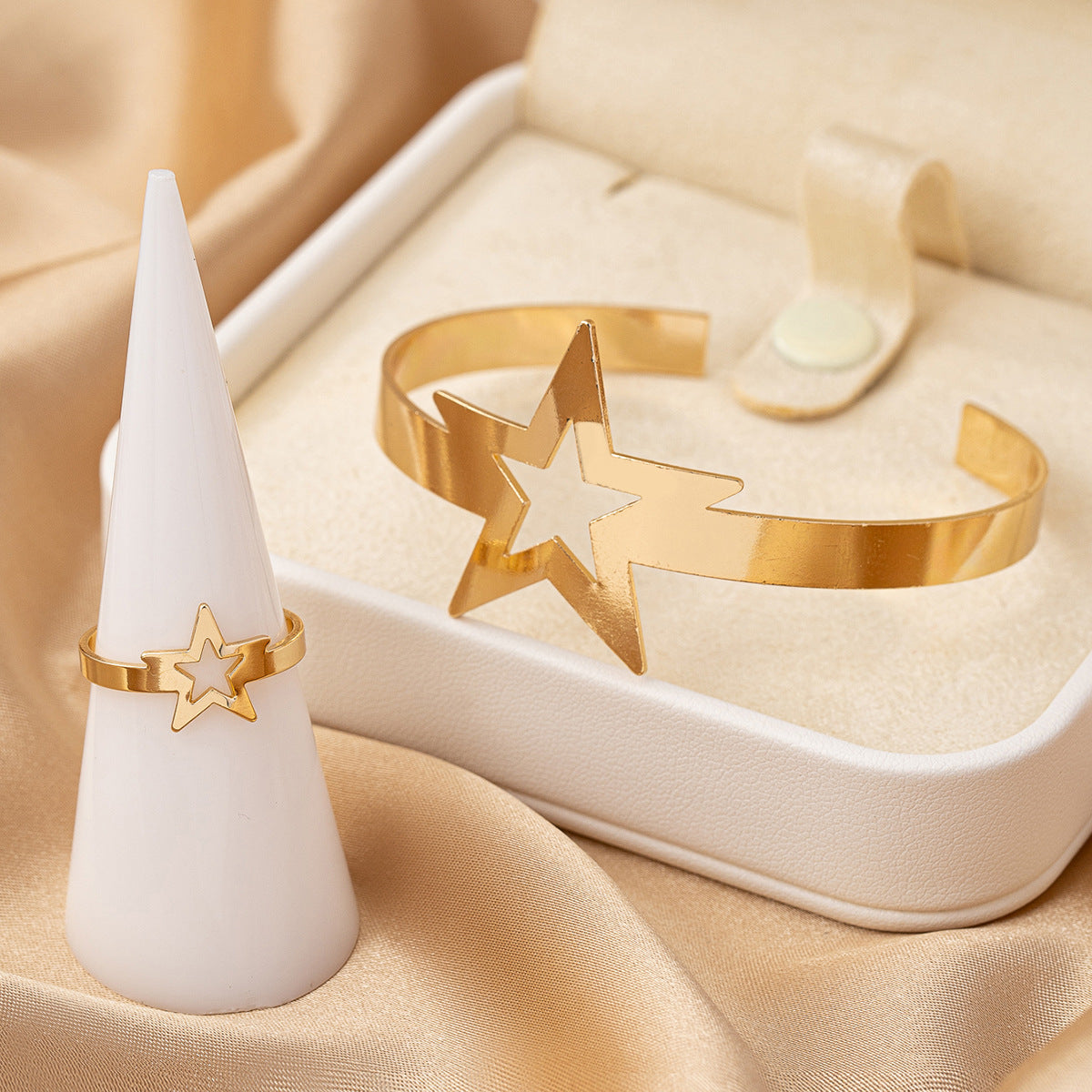 Minimalist Metal Pentagram Bracelet and Ring Set for Women