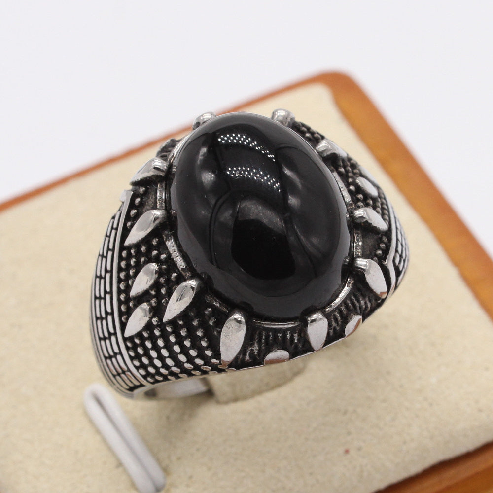 Planderful Titanium Steel Ring Unisex Oval Black Stone