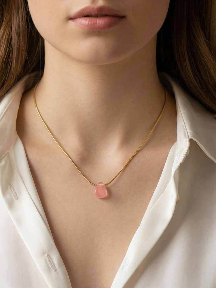 Stainless Steel Green Dongling Water Drop Round Snake Chain Necklace Collarbone Chain