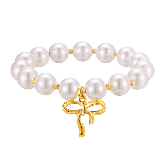 Stainless Steel Gold Bow Batch Bead Imitation Pearl Beaded Bracelet Ladies
