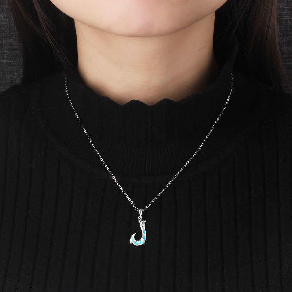 Planderful Jewelry Blue Opal Necklace In Sterling Silver Hook Pendant For Everyday Elegance