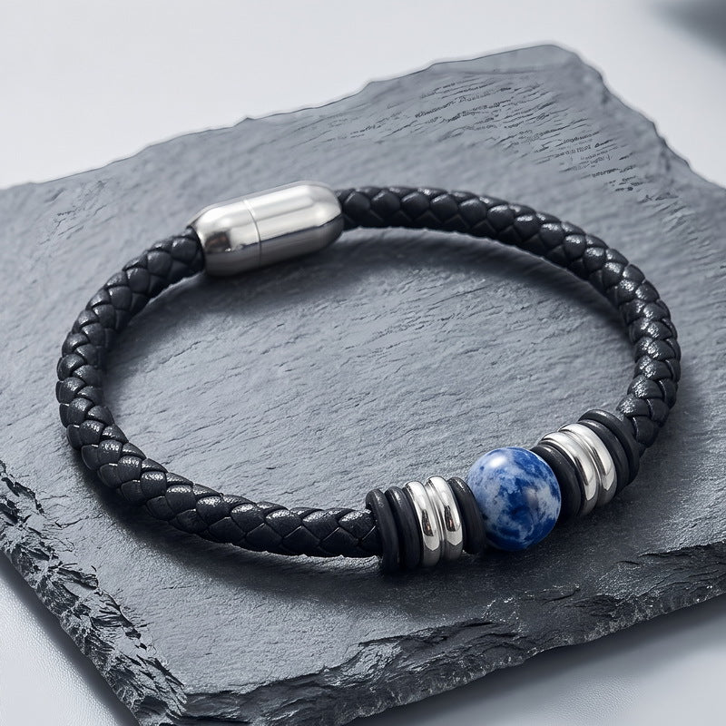 Woven Leather Rope Bracelet Tiger's Eye Stone Lapis Lazuli Magnetic Buckle Stainless