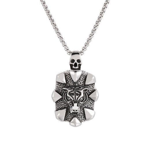 Trendy Retro Skull Army Pendant with Exaggerated Tiger Head Design, Halloween Inspired Titanium Steel Men's Necklace