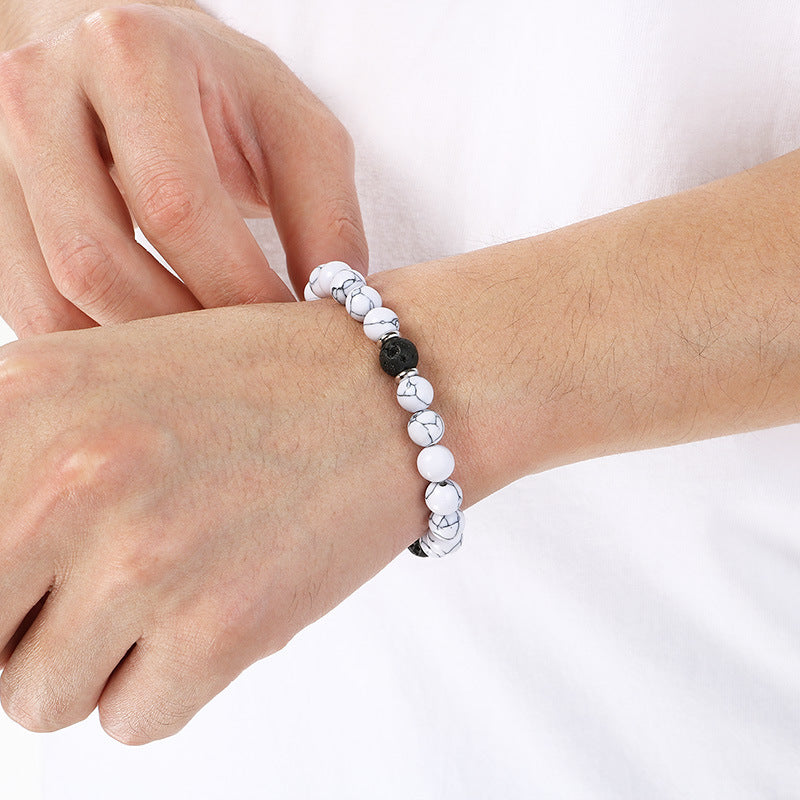 Turquoise Couple Girlfriend Bracelet – Stainless Steel Ring Volcanic Stone Elastic Rope