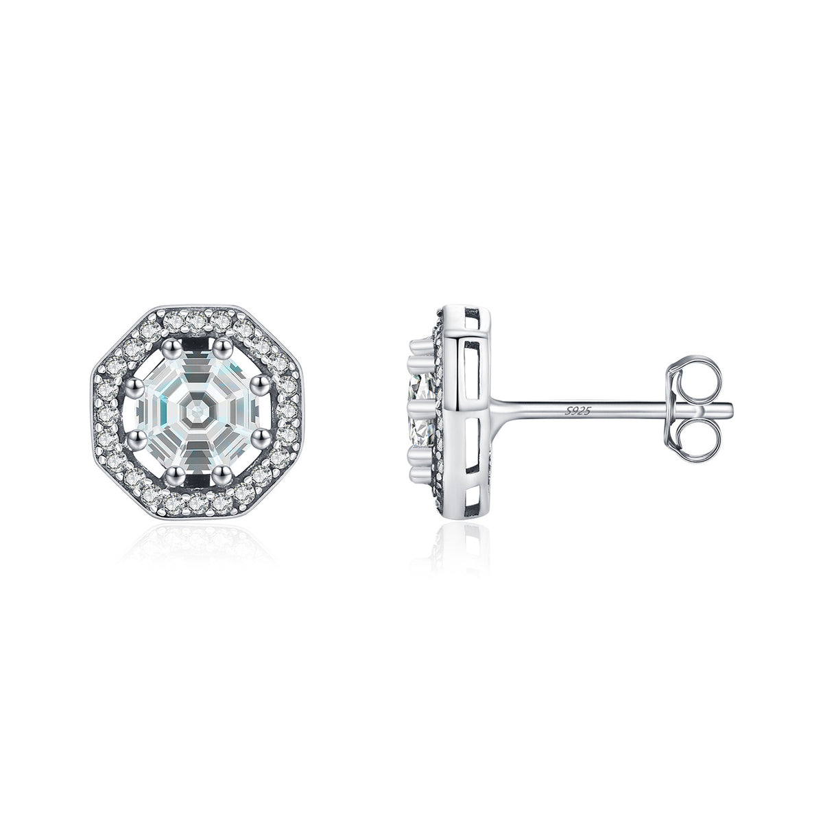 925 Sterling Silver Octagonal Zircon Stud Earrings