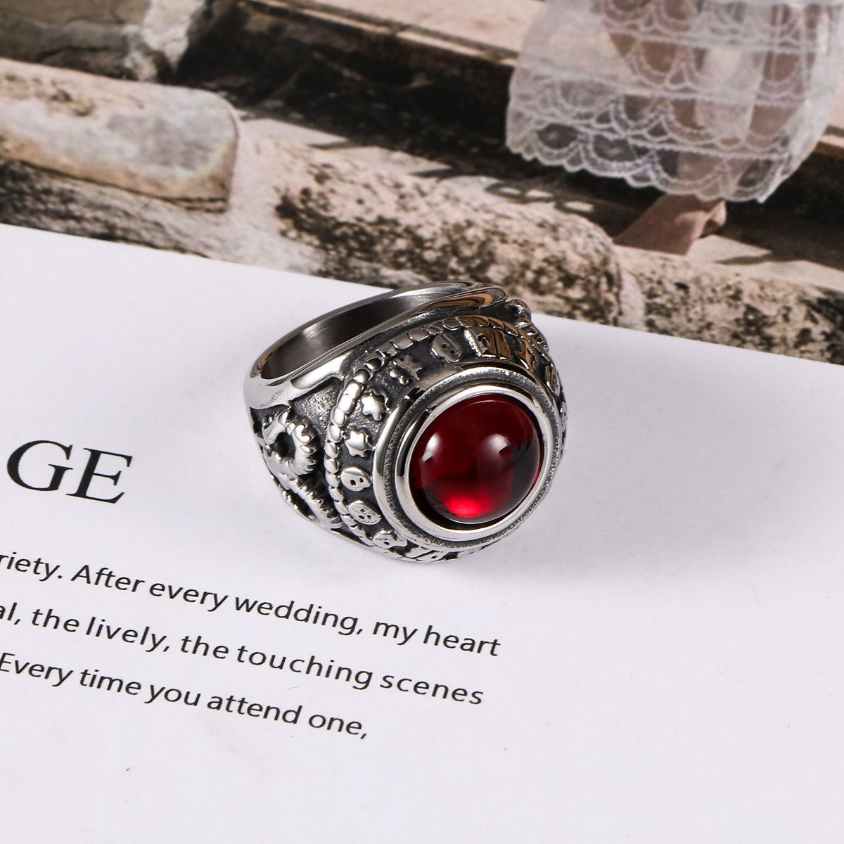 Retro Titanium Steel Ring For Men With Red Black Agate