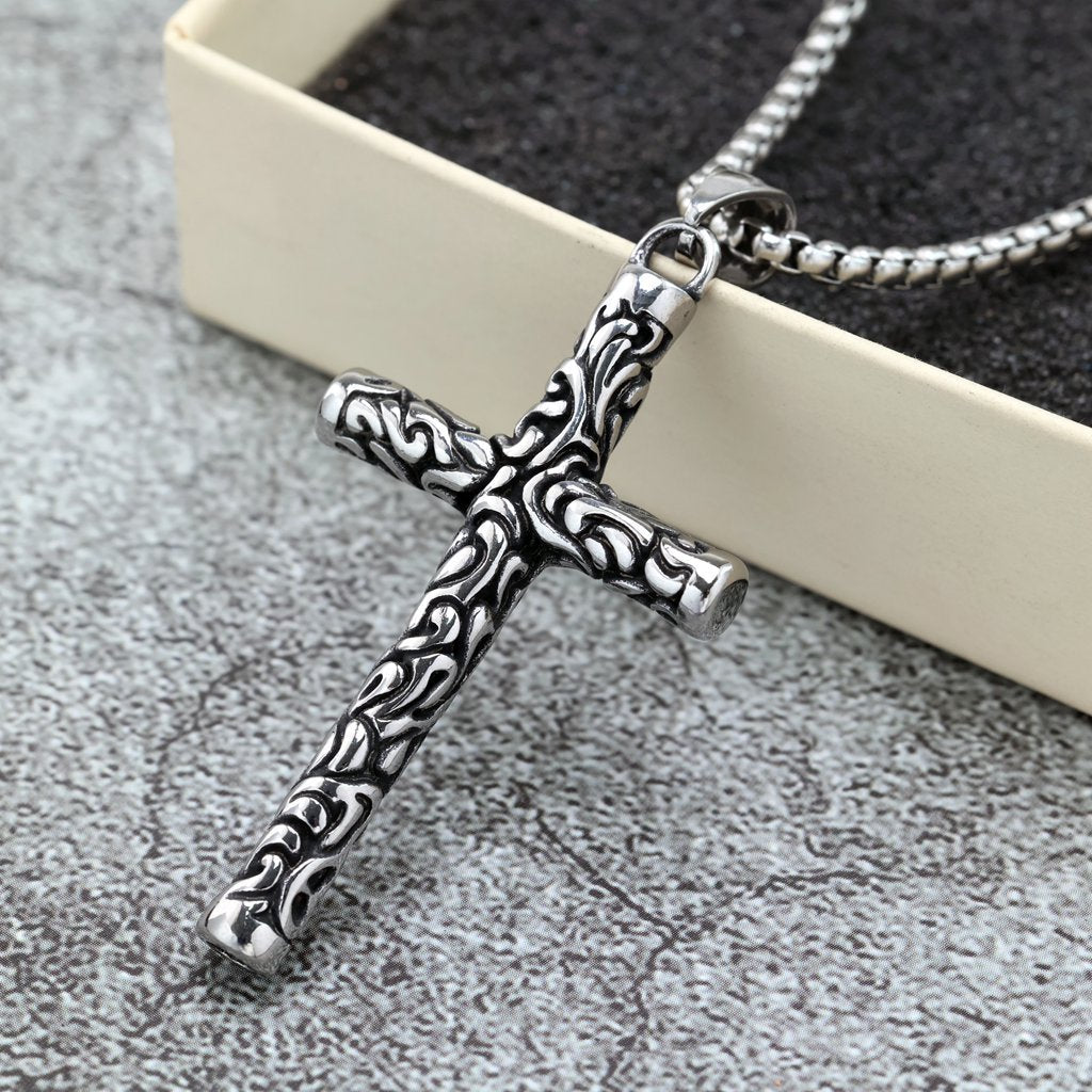 Planderful Retro Cross Pendant Unisex Double Sided Engraved Stainless Steel Necklace