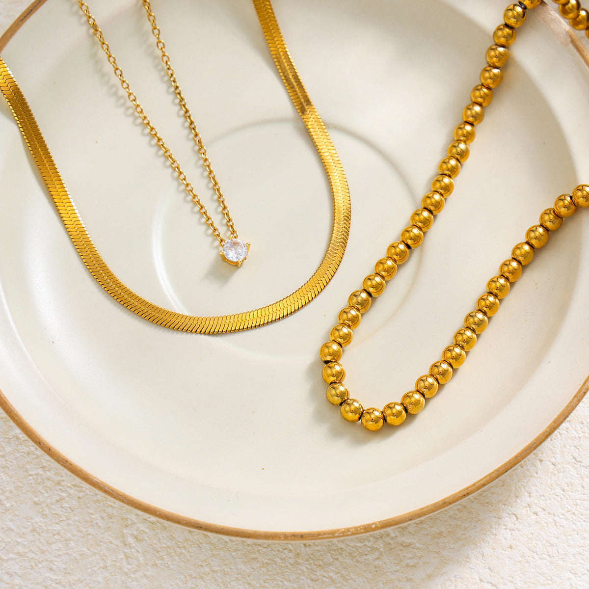 Wind Stainless Steel Snake Bone Chain Round Bead Necklace Micro-Inlaid Zircon Collarbone