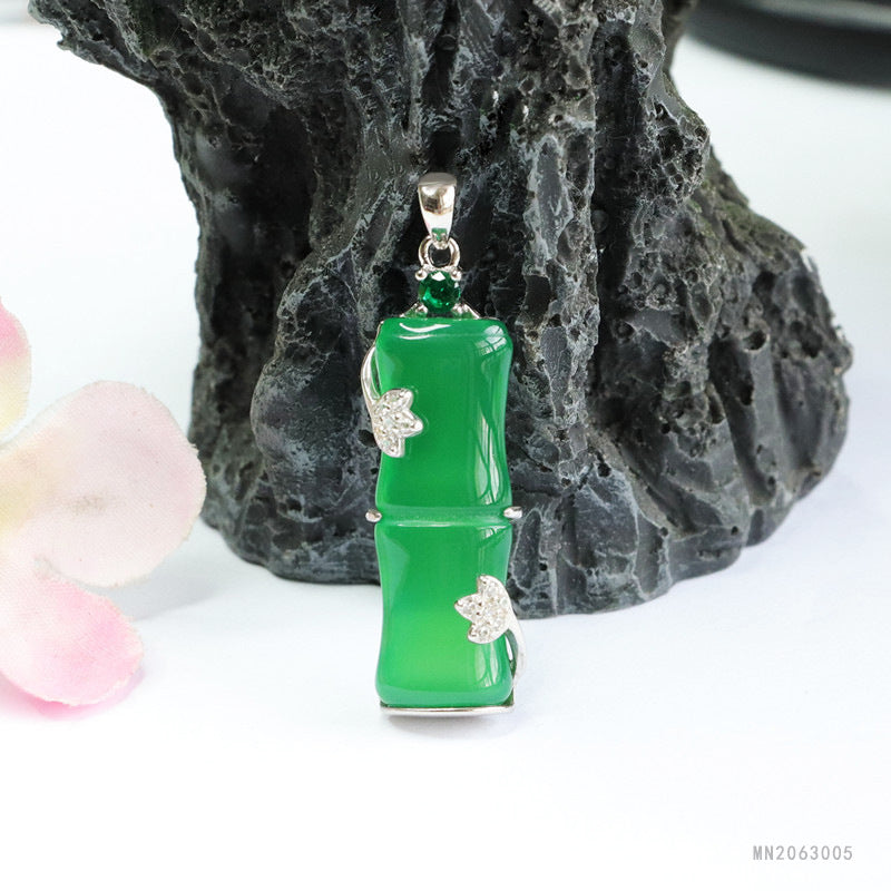 Green Chalcedony Bamboo Silver Pendant — No Chain