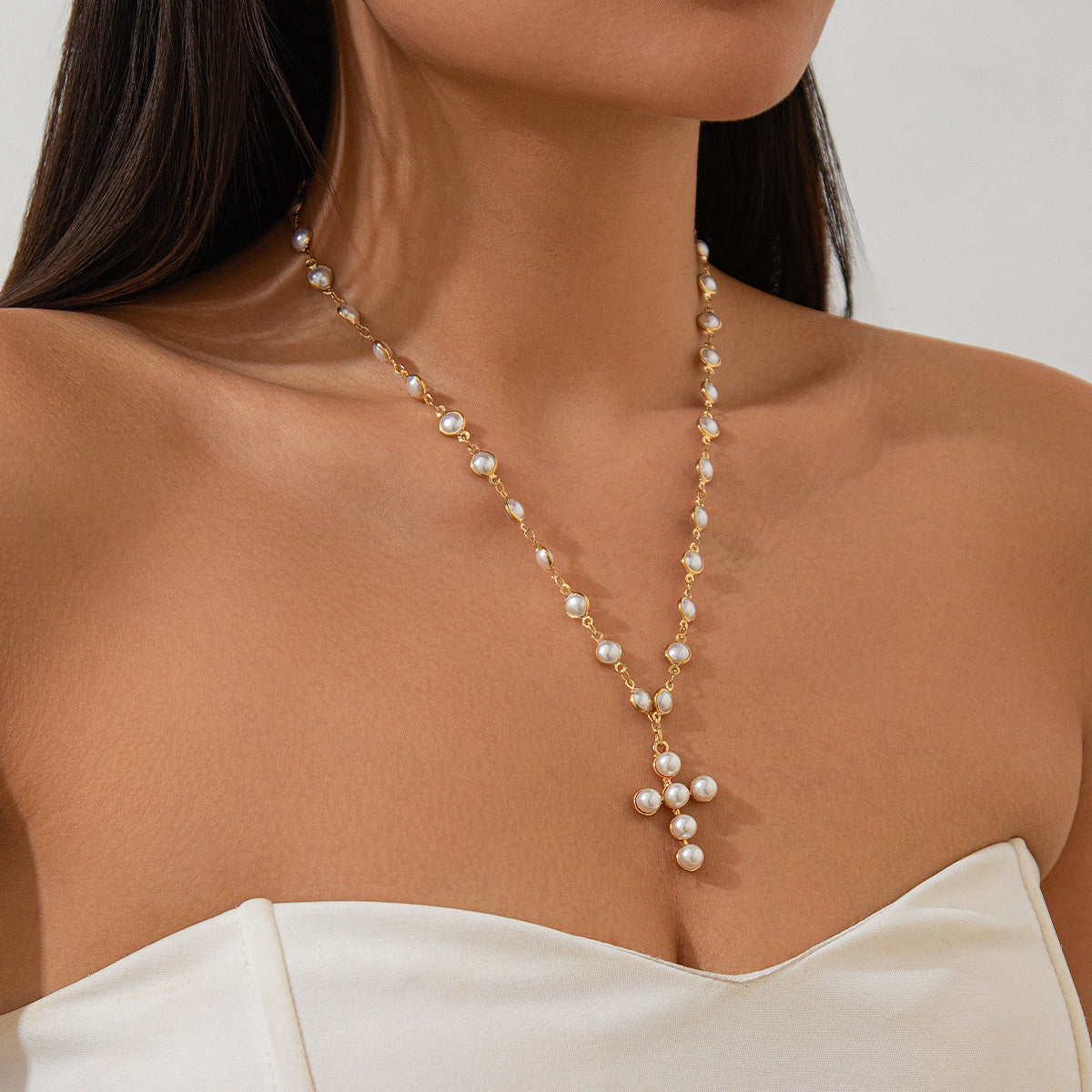 Pearl-Style Cross Pendant Necklace