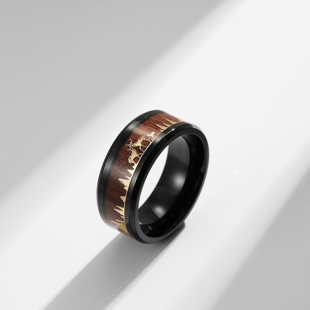 Planderful Everyday Genie Stainless Steel Wood Grain Elk Ring For Men And Women Deer Inlay