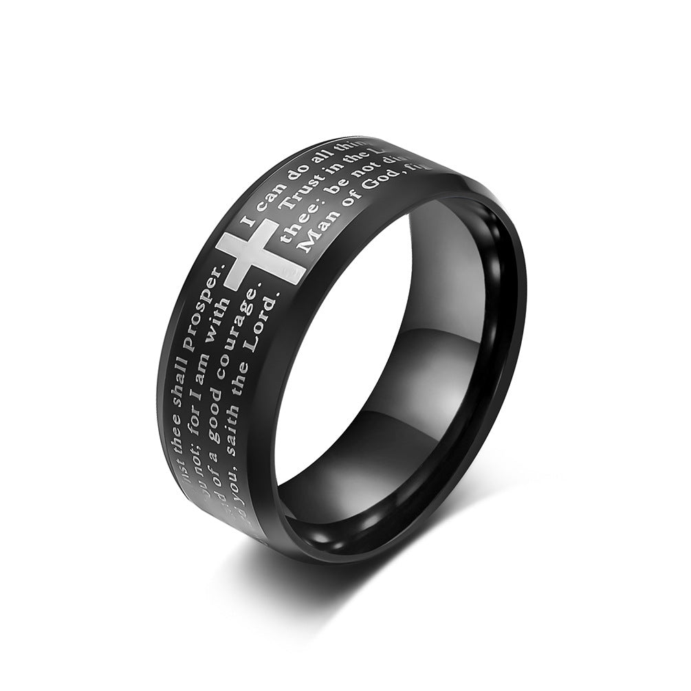 Tungsten Carbide Steel Laser Cross Scripture Ring for Men