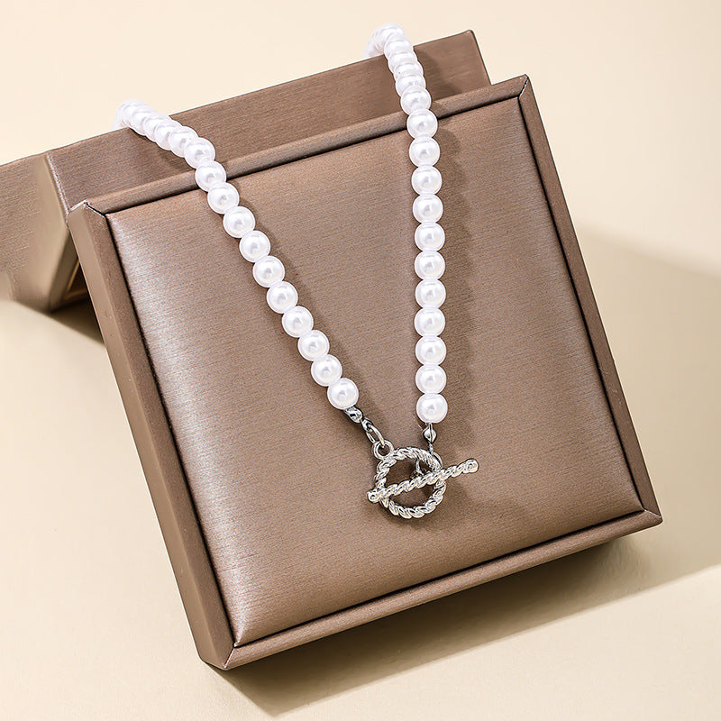 Imitation Pearl OT Clasp Necklace with Simple Niche Pendant - Planderful Vienna Verve Collection