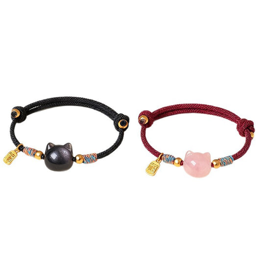 Rose Quartz Crystal Cat Braided Bracelet