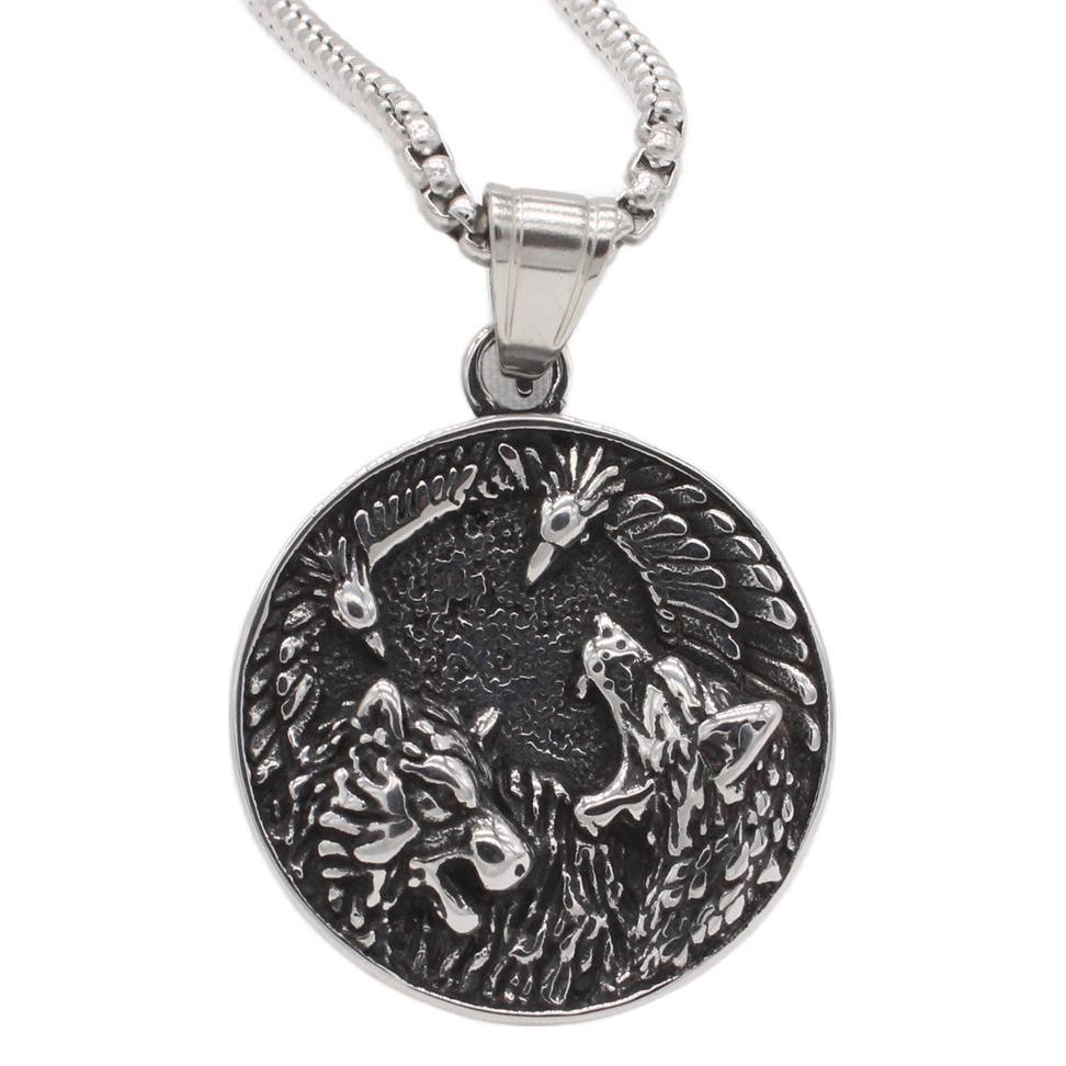 Nordic Viking Celtic Wolf and Crow Pendant for Men in Titanium Steel