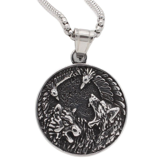 Nordic Viking Celtic Wolf and Crow Pendant for Men in Titanium Steel